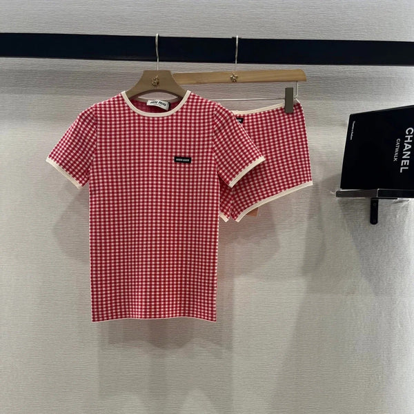 MIUMIU CHECKERED SHORTS AND ROUND-NECK TEE SET 274653