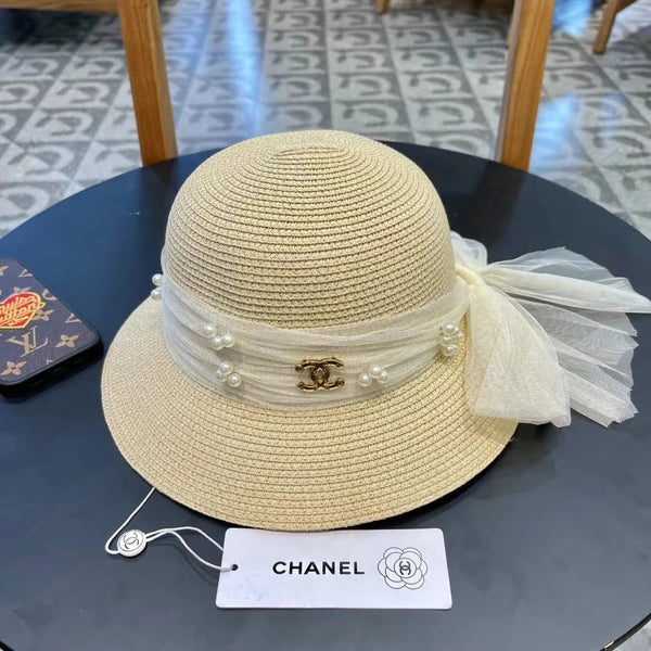 STRAW HAT BOW WITH PEARL IVORY 672698