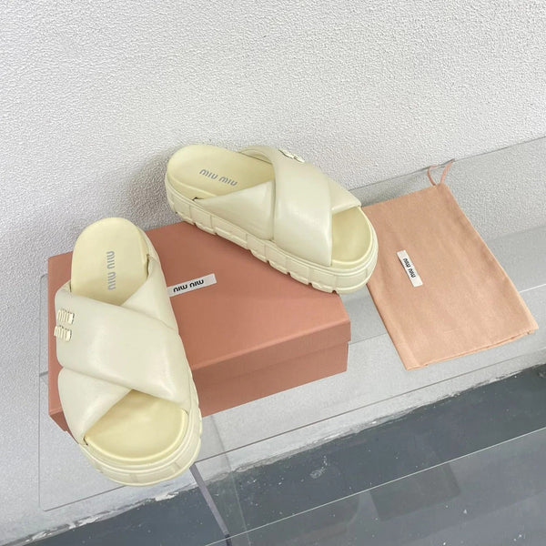 Cross Thick-Soled Light Cream Slippers