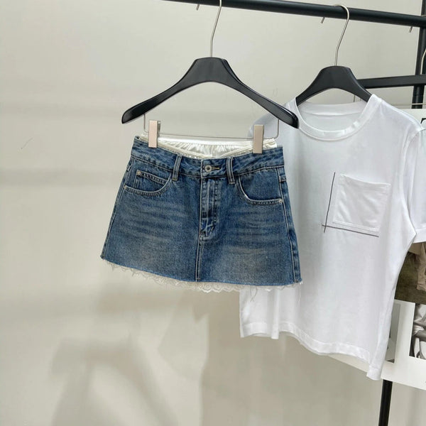 MIUMIU PATCHED DENIM SKIRT WITH LACE 275946