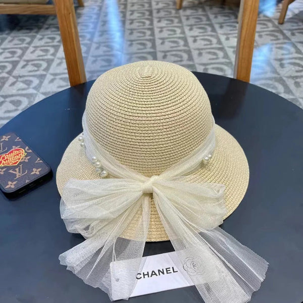 STRAW HAT BOW WITH PEARL IVORY 672698