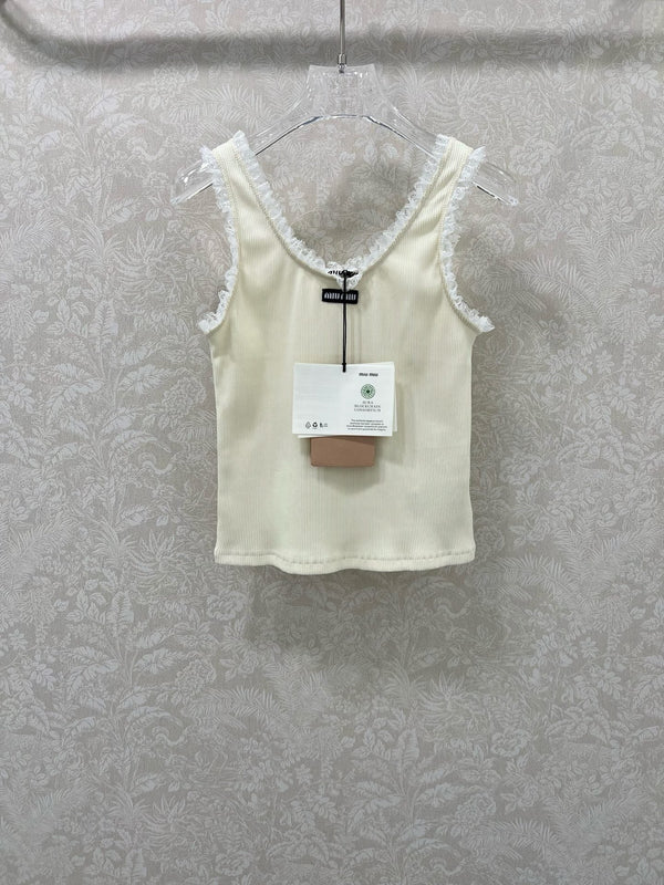 MIUMIU KNIT TANK TOP WITH RUFFLED TRIM 275104