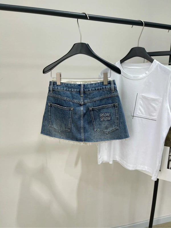 MIUMIU PATCHED DENIM SKIRT WITH LACE 275946