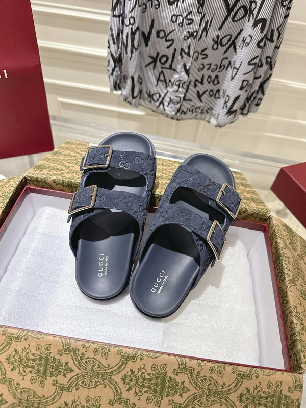 SANDALS IN NAVY BLUE SUEDE EMBOSSED LOGO SILVER HARDWARE