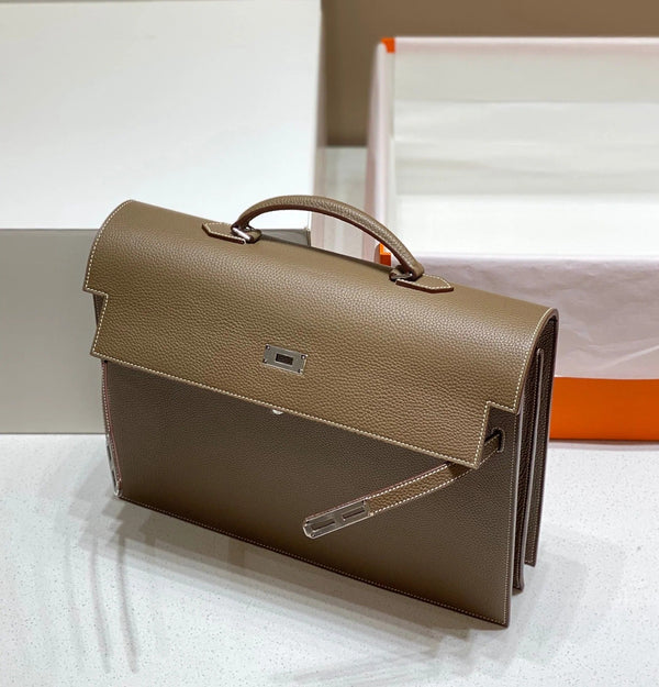 KELLY DEPECHES 38 BRIEFCASE IN ETOUPE TOGO CALFSKIN SILVER HARDWARE