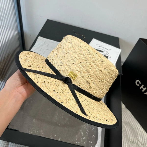 MM STRAW HAT IN BEIGE RAFFIA MIX BLACK FABRIC TRIM
