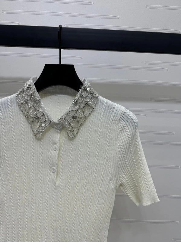 MIU 25S SHORT SLEEVE BEADED COLLAR SHIRT 264247