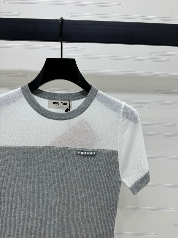 MIUMIU CREW NECK SHORT-SLEEVE SHEER KNIT TOP 274812