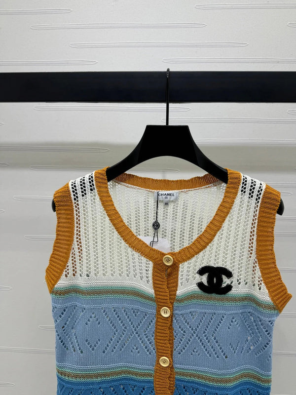 CHANEL EMBROIDERED LOGO OPEN-KNIT VEST 274868