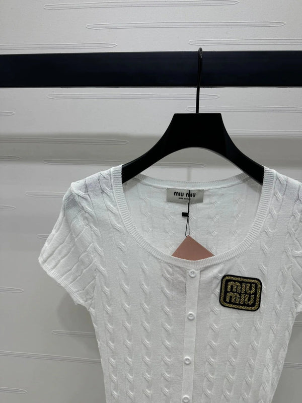 MIUMIU U-NECK KNITTED SHORT-SLEEVE TOP WHITE 274946