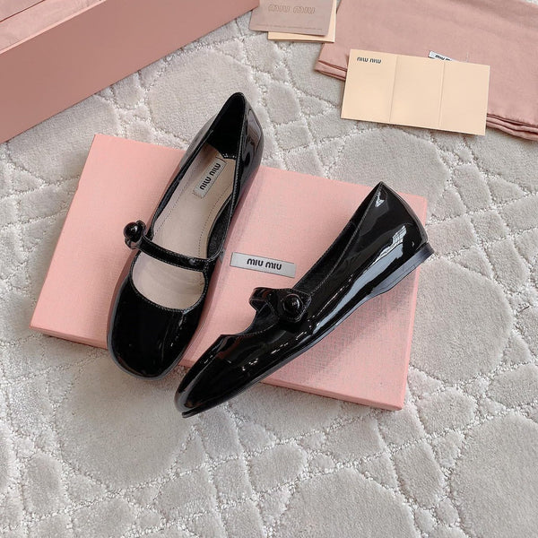 Glossy Black Ballet Shoes Sheepskin