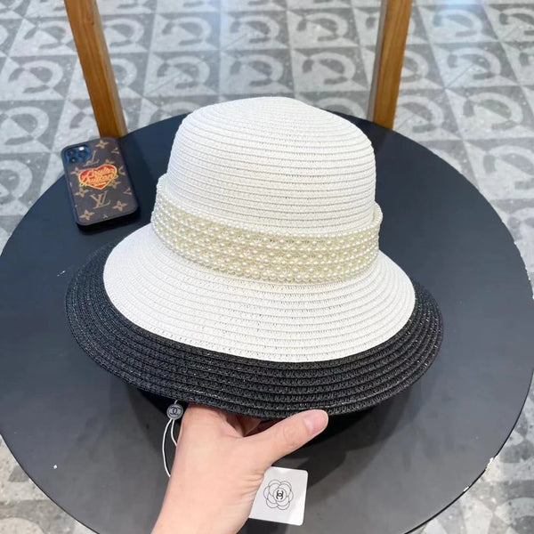 STRAW BUCKET HAT WHITE WITH PEARLS 672764