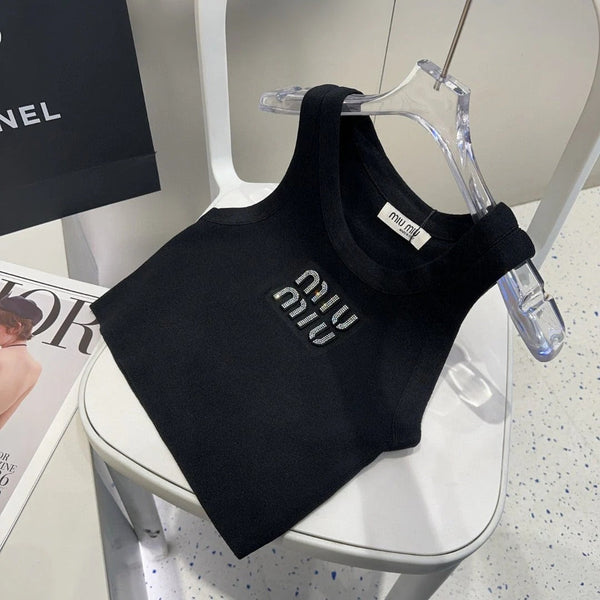 VISCOSE TANK TOP 643230 IN BLACK RIBBED KNIT WITH EMBELLISHED LOGO