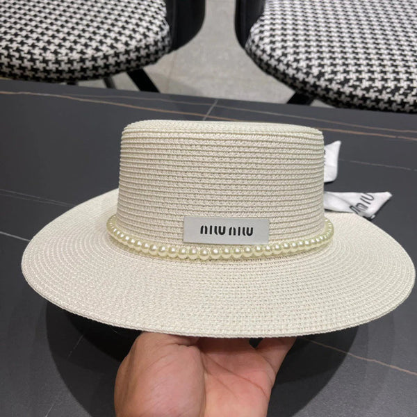 MM SMALL-BRIM STRAW HAT IN CREAM WHITE AND PEARL EMBELLISHED