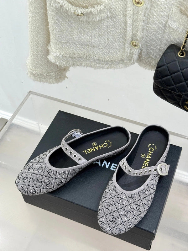 CC Flat Mules 25ss In Grey Embellished With Rhinestones