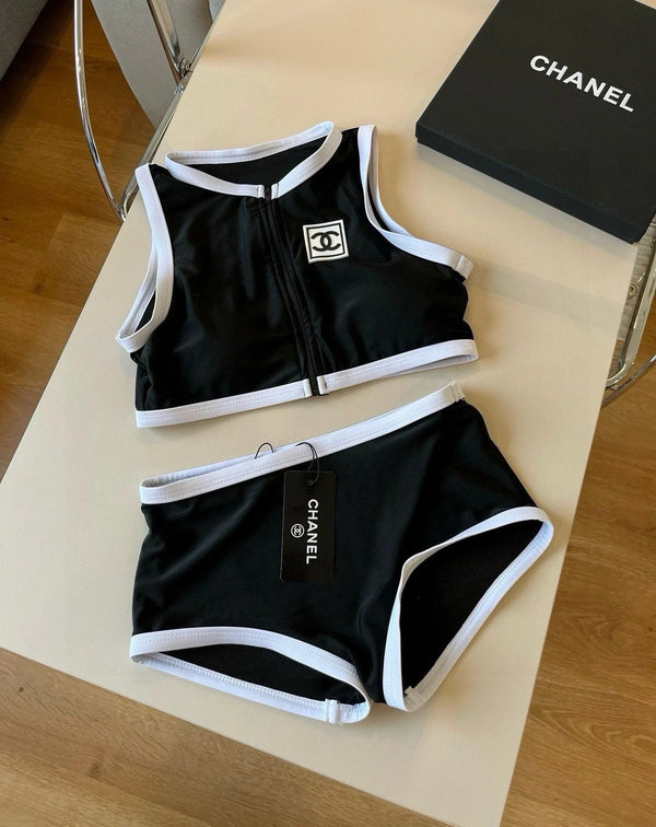 CC BIKINI SWIMSUIT SET IN BLACK AND WHITE TRIM 596500