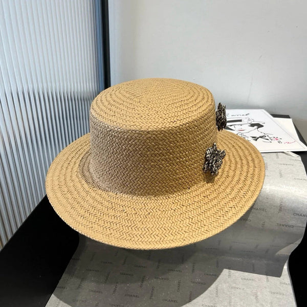 FLAT STRAW HAT BROWN FLOWER ATTACHMENT 673930
