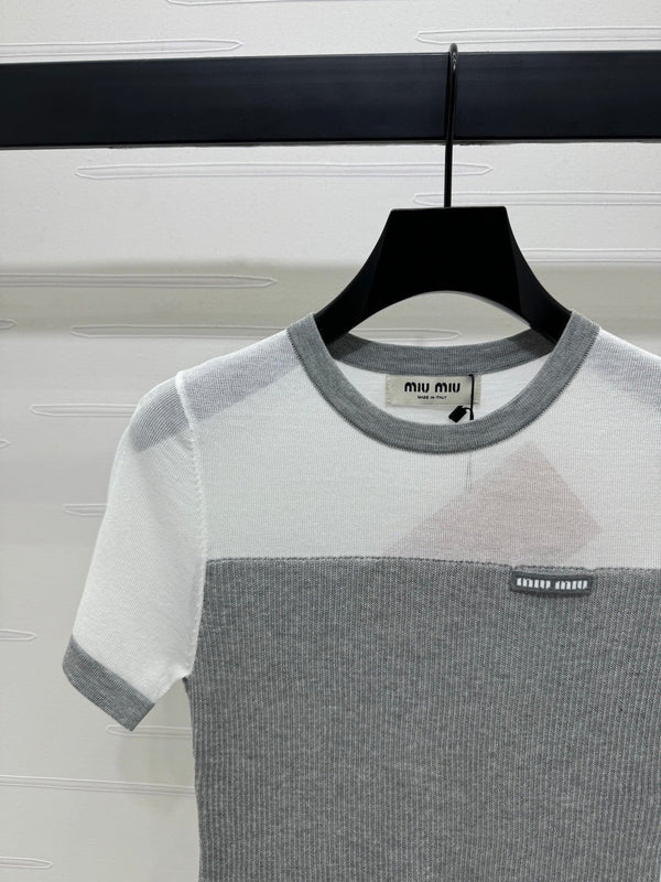 MIUMIU CREW NECK SHORT-SLEEVE SHEER KNIT TOP 274812