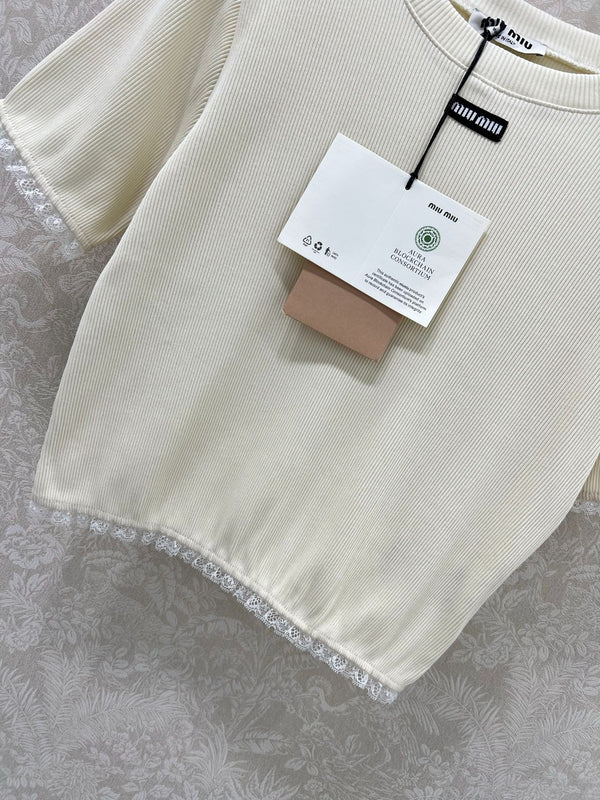 MIUMIU TEXTURED SHORT-SLEEVE LACE TOP 275100