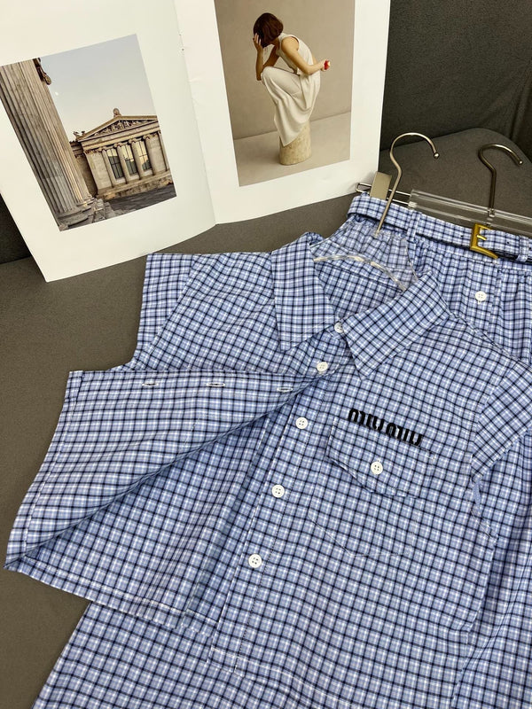 SET COORDINATO CON TOP E MINIGONNA A SCACCHI BLU