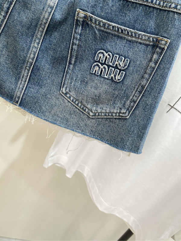 MIUMIU PATCHED DENIM SKIRT WITH LACE 275946