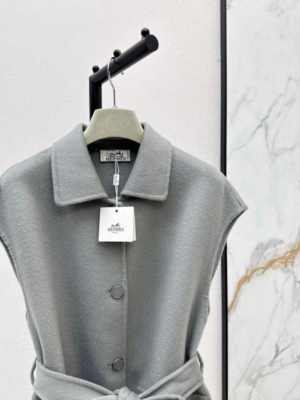 HERMES 25S SLEEVELESS WOOL VEST COAT WITH BOW BELT 96700