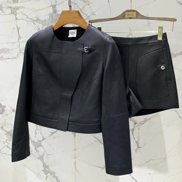 HERMES 25S LEATHER JACKET WITH LEATHER SHORTS
