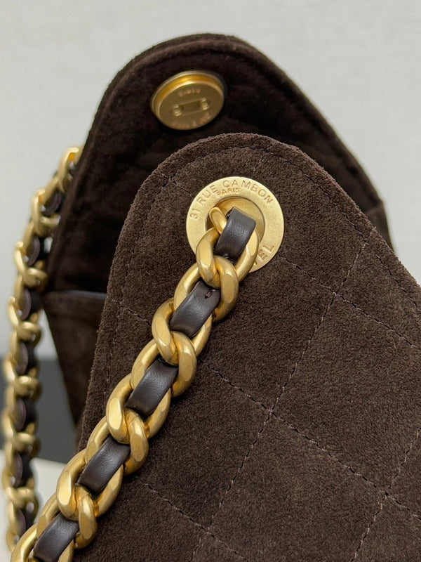 CHANEL 25S HOBO BAG 30 CM IN DARK BROWN SUEDE WITH GOLD HARDWARE