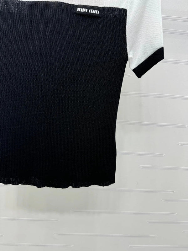 MIUMIU CREW NECK SHORT-SLEEVE SHEER KNIT TOP 274813