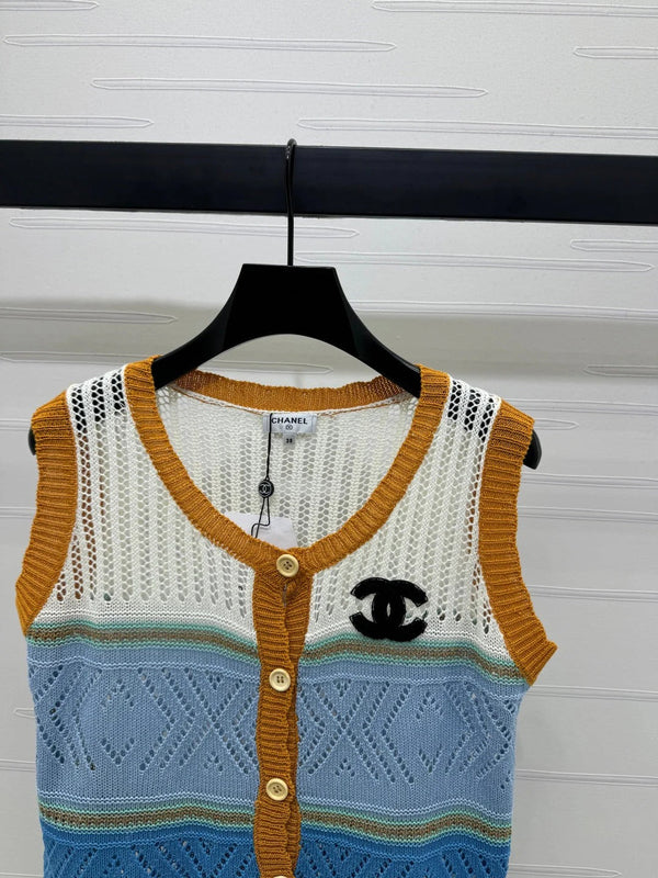 CHANEL EMBROIDERED LOGO OPEN-KNIT VEST 274868