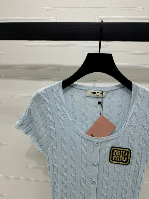 MIUMIU U-NECK KNITTED SHORT-SLEEVE TOP LIGHT BLUE 274948