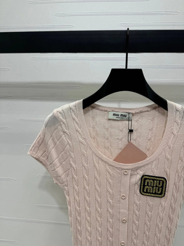 MIUMIU U-NECK KNITTED SHORT-SLEEVE TOP PINK 274947