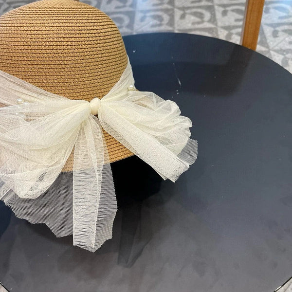 STRAW HAT BOW WITH PEARL BROWN 672697
