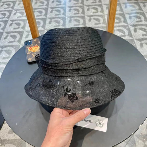 STRAW HAT WITH CHIFFON FLOWER BLACK 672760