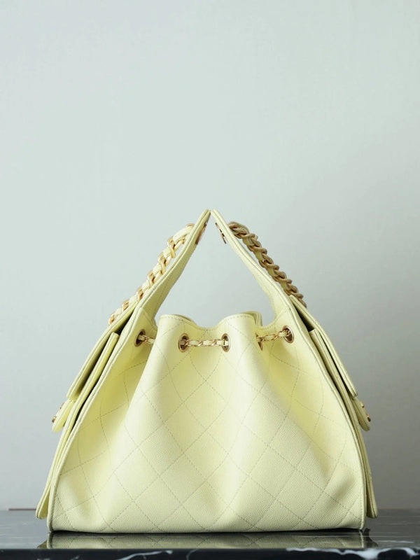CHANEL 25S HOBO BAG 30 CM IN PASTEL YELLOW LAMBSKIN WITH GOLD HARDWARE