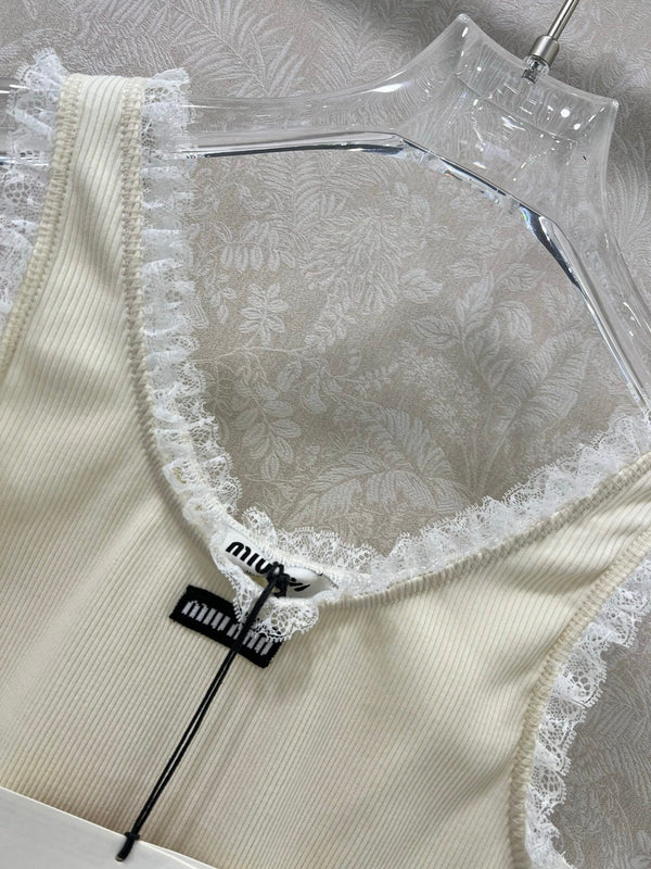 MIUMIU KNIT TANK TOP WITH RUFFLED TRIM 275104