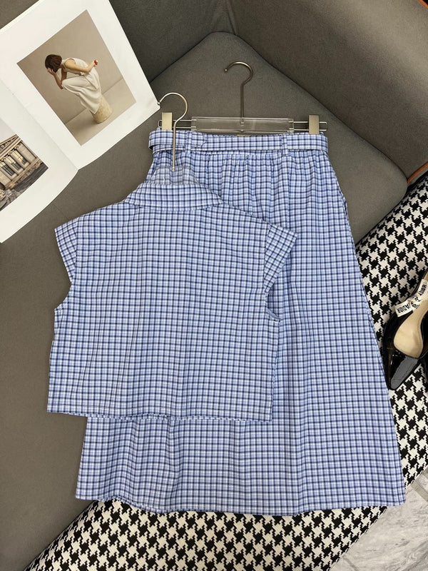 SET COORDINATO CON TOP E MINIGONNA A SCACCHI BLU