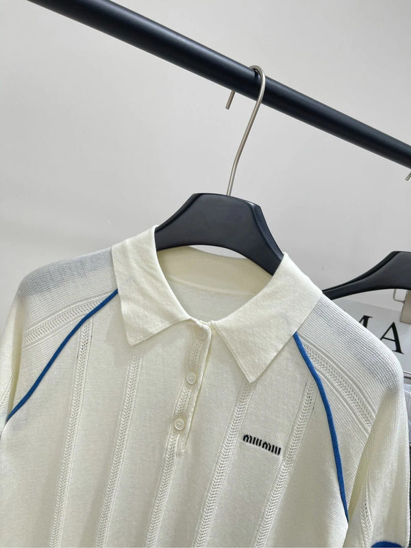 MIUMIU SHORT-SLEEVE RAGLAN POLO SHIRT IN BLUE AND WHITE 267966