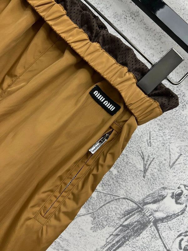 MIU 25S HIGH WAIST SHORTS BROWN IN NYLON 263021