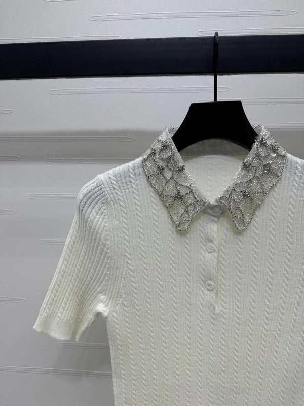 MIU 25S SHORT SLEEVE BEADED COLLAR SHIRT 264247