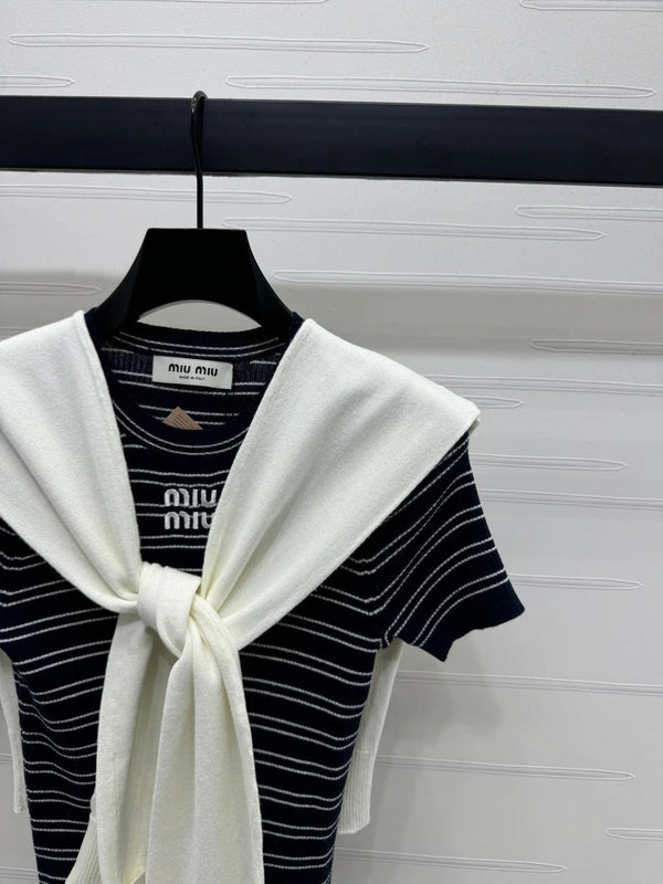 MIU 25S SHORT SLEEVE STRIPED KNITTED CAPE 264138