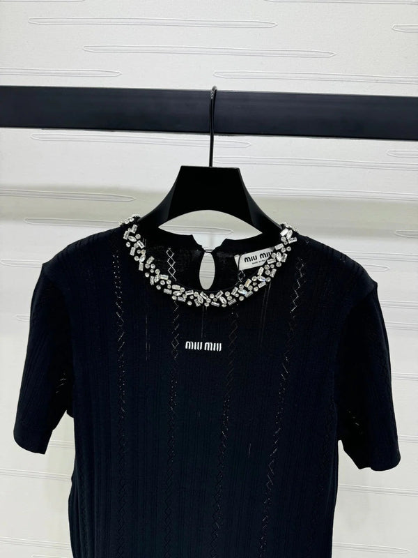 MIU 25S RHINESTONE COLLAR T-SHIRT 264097