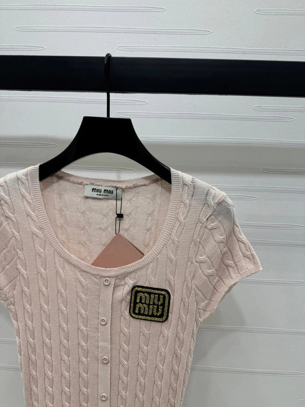 MIUMIU U-NECK KNITTED SHORT-SLEEVE TOP PINK 274947