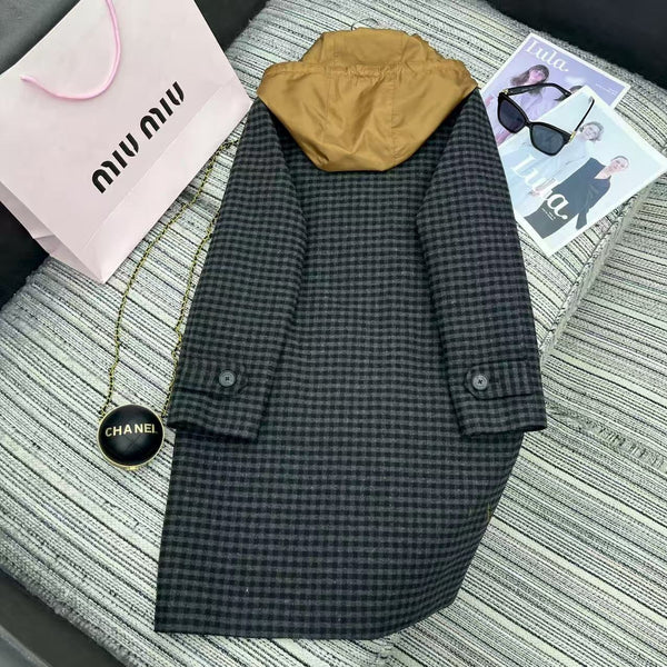 MIUMIU HOODED LONG CHECKED COAT STYLE 30