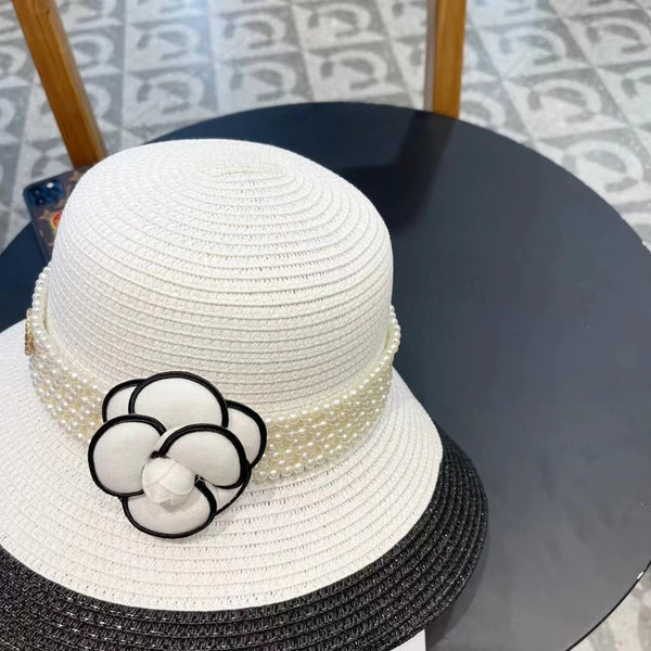 STRAW BUCKET HAT WHITE WITH PEARLS 672764