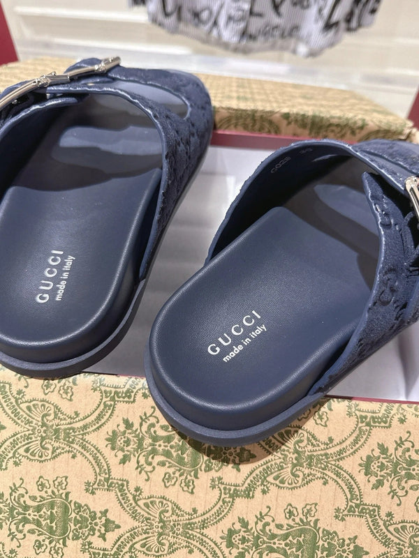 SANDALS IN NAVY BLUE SUEDE EMBOSSED LOGO SILVER HARDWARE