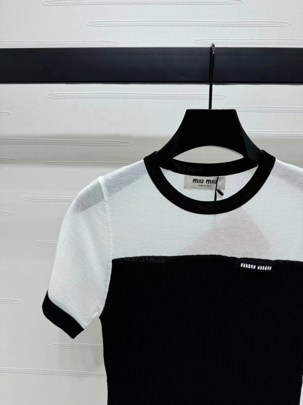 MIUMIU CREW NECK SHORT-SLEEVE SHEER KNIT TOP 274813