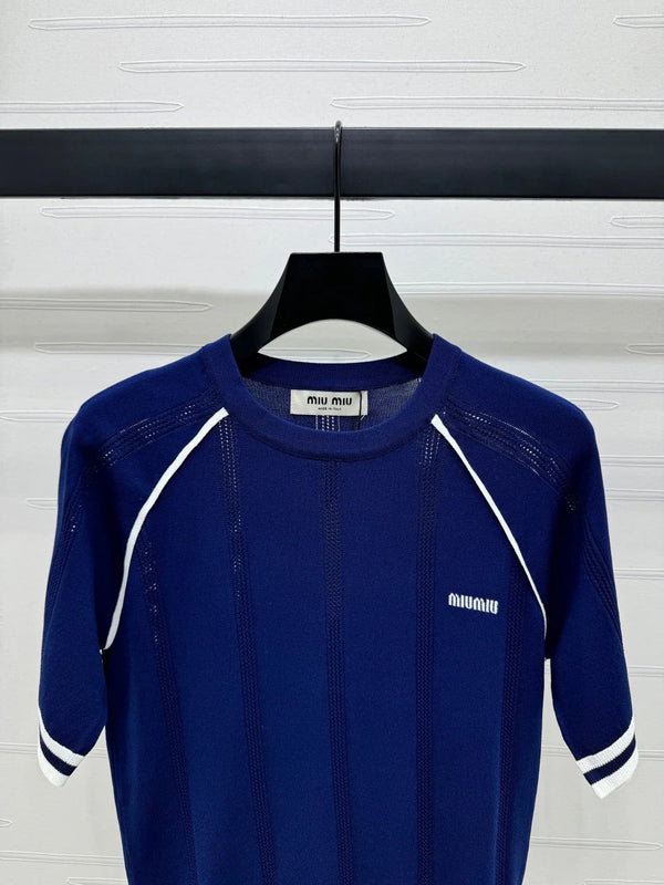 MIU 25S RAGLAN CREW NECK STRIPED KNIT SWEATER 264106