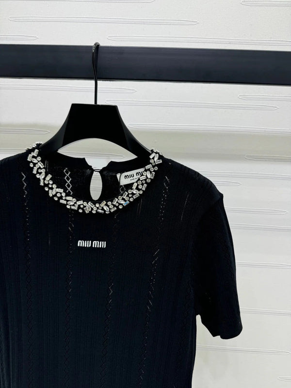 MIU 25S RHINESTONE COLLAR T-SHIRT 264097