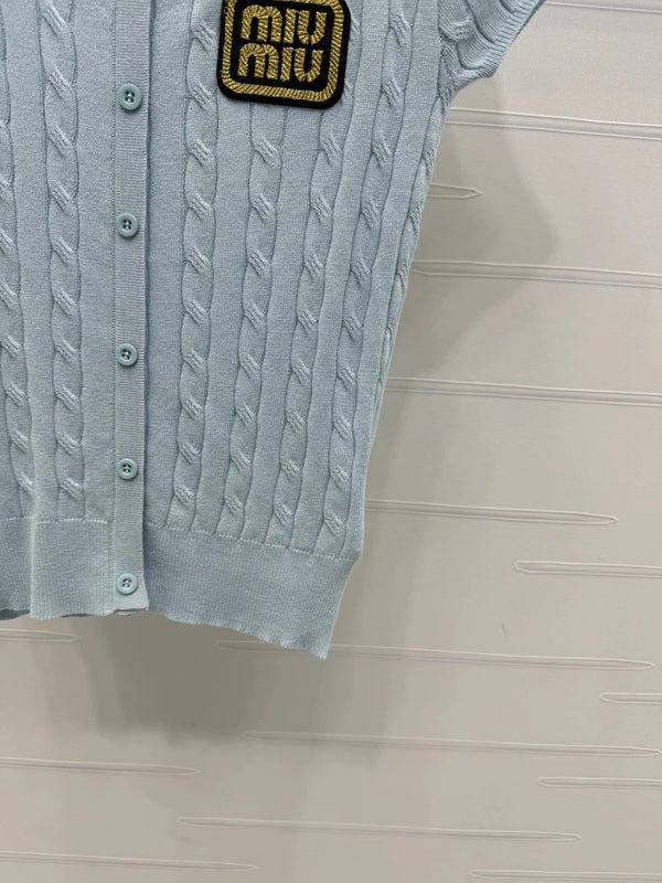 MIUMIU U-NECK KNITTED SHORT-SLEEVE TOP LIGHT BLUE 274948